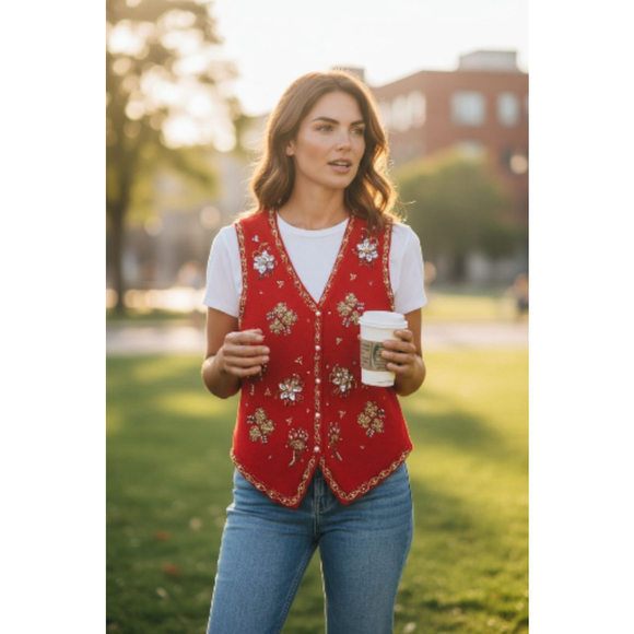 CLAUDIA D VINTAGE 1997 VEST CHRISTMAS SIZE SMALL WITH RITHSTONES - Picture 2 of 6